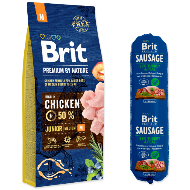 BRIT Premium by Nature Junior M + Brit Sausage Turkey & Peas 800 g ZDARMA 15kg