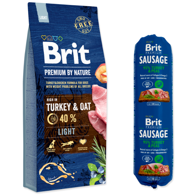BRIT Premium by Nature Light + Brit Sausage Turkey & Peas 800 g ZDARMA 15kg