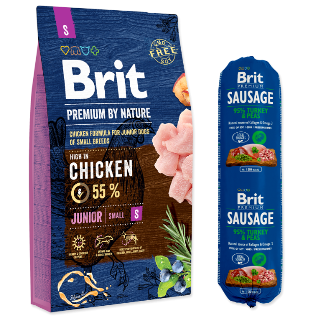 BRIT Premium by Nature Junior S + Brit Sausage Turkey & Peas 800 g ZDARMA 8kg