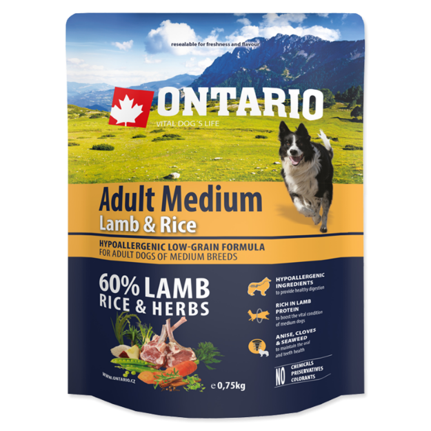 ONTARIO Dog Adult Medium Lamb & Rice 0,75kg